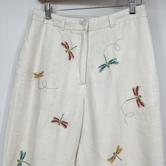 Paraphrase Womens 6 Dragonfly Embroidered Cropped White Lined Linen Pants Boho - Picture 4 of 11